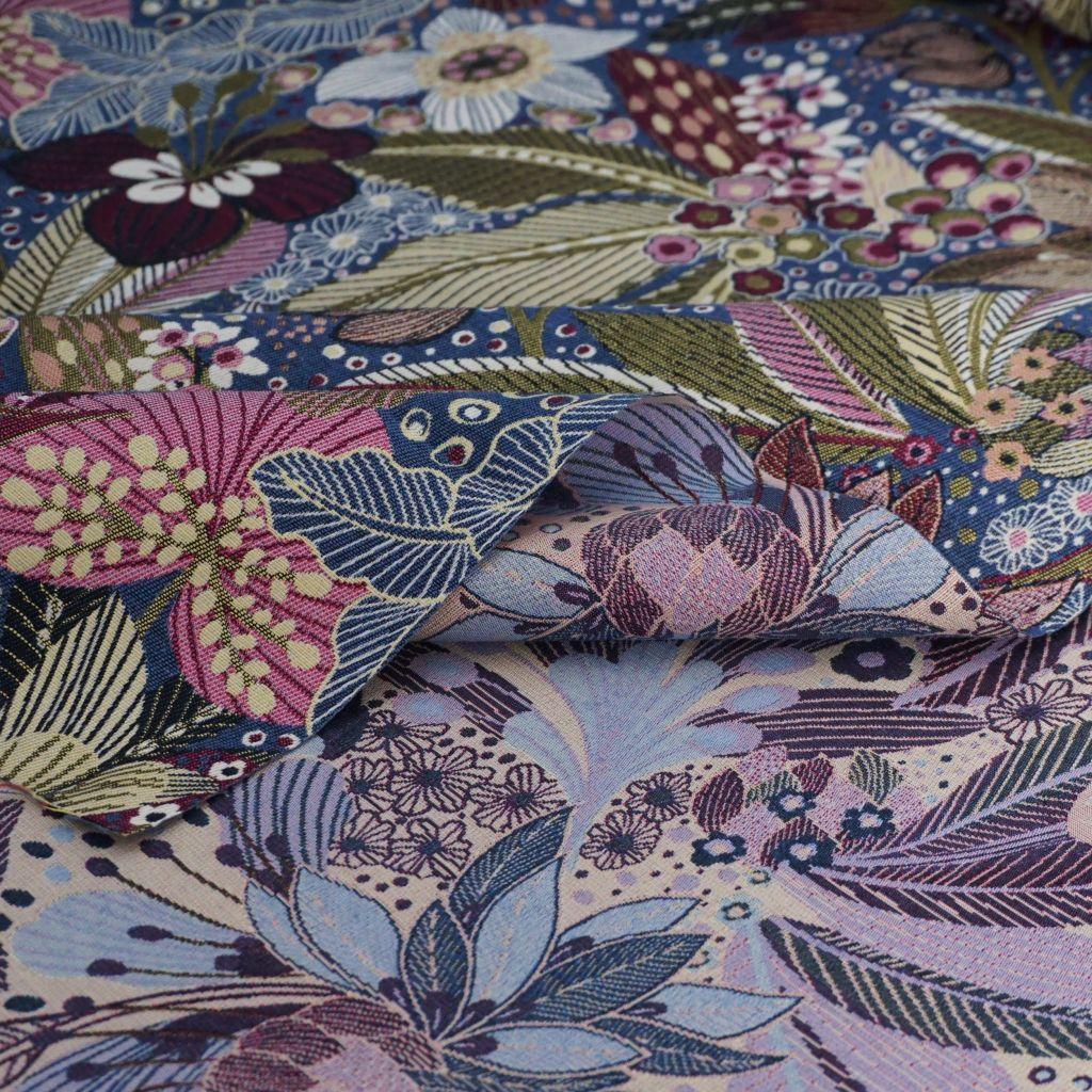 Dekostoff Jacquard Blüten violett blau grün
